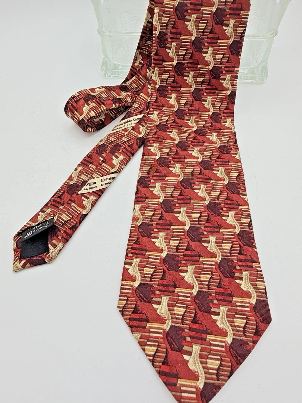 Ermenegildo Zegna Silk Tie Vintage Red Geometric Abstract Mens Necktie Italy